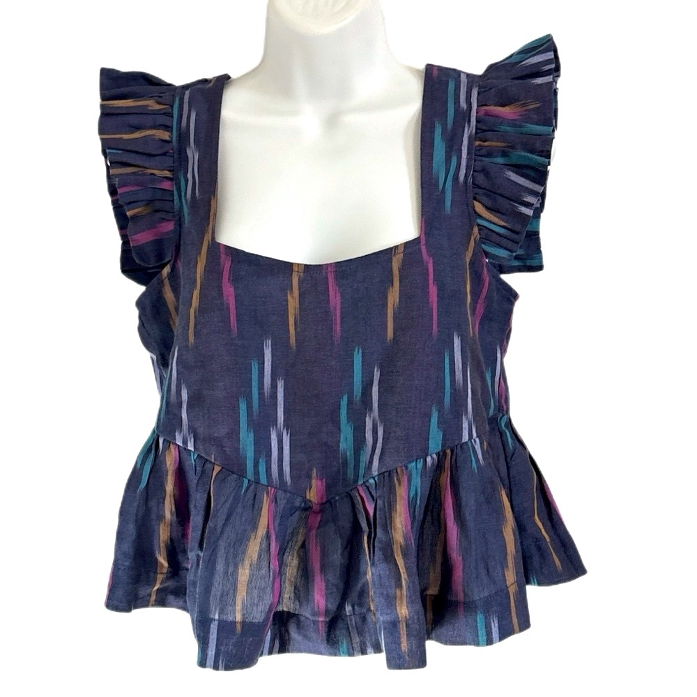 MOTHER The Ruffled Up Cropped Peplum Top Navy Purple Teal Boho Coquette Size M
